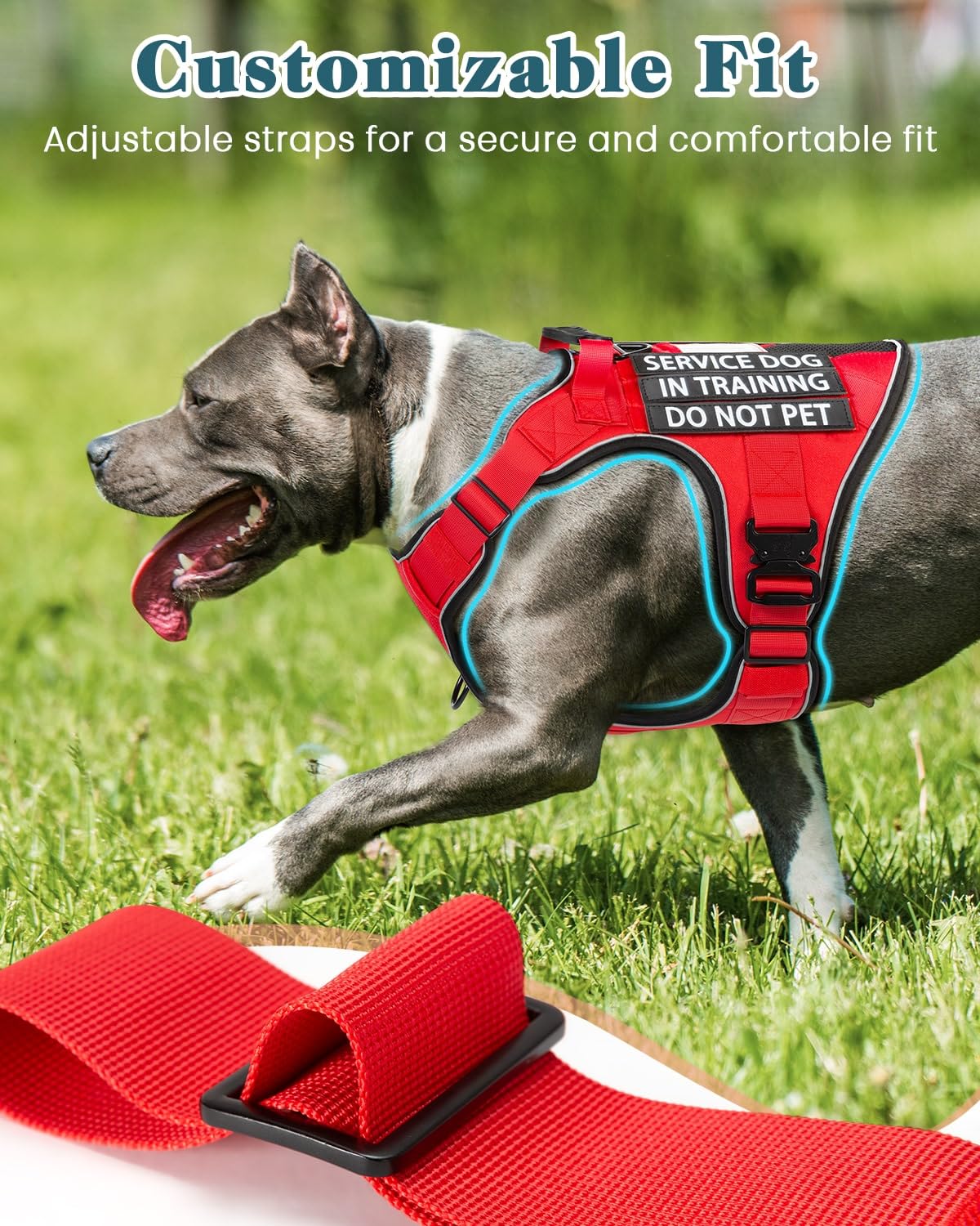 Reflective No Pull Service Dog In Training Vest Harness For Medium Large Dogs, Red Metal Buckles Front Clip Comfort Padded Adjus